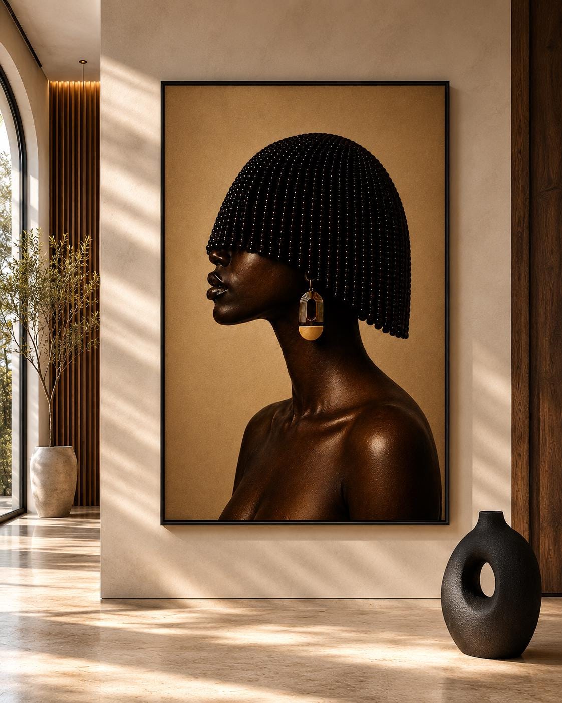 African Beaded Portrait Print, Black Woman Art, Neutral Beige Afrocentric Decor