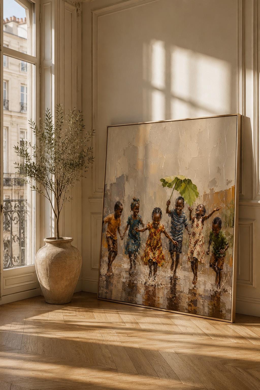 African Children Playing in Rain Wall Art Print, Joyful Childhood Painting, African Village Decor