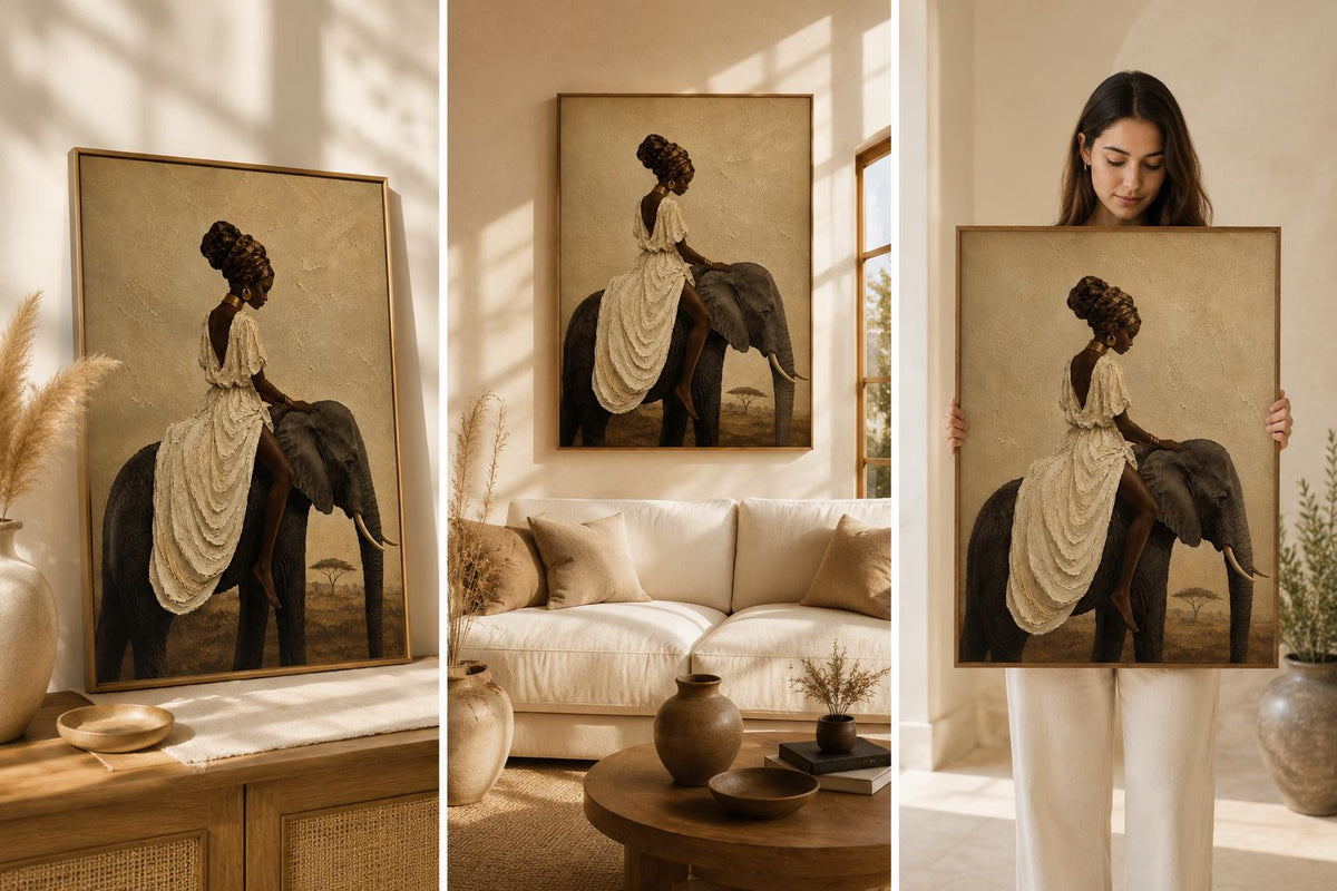 African Woman Elephant Safari Canvas Print, Afrocentric Melanin Beauty Artwork