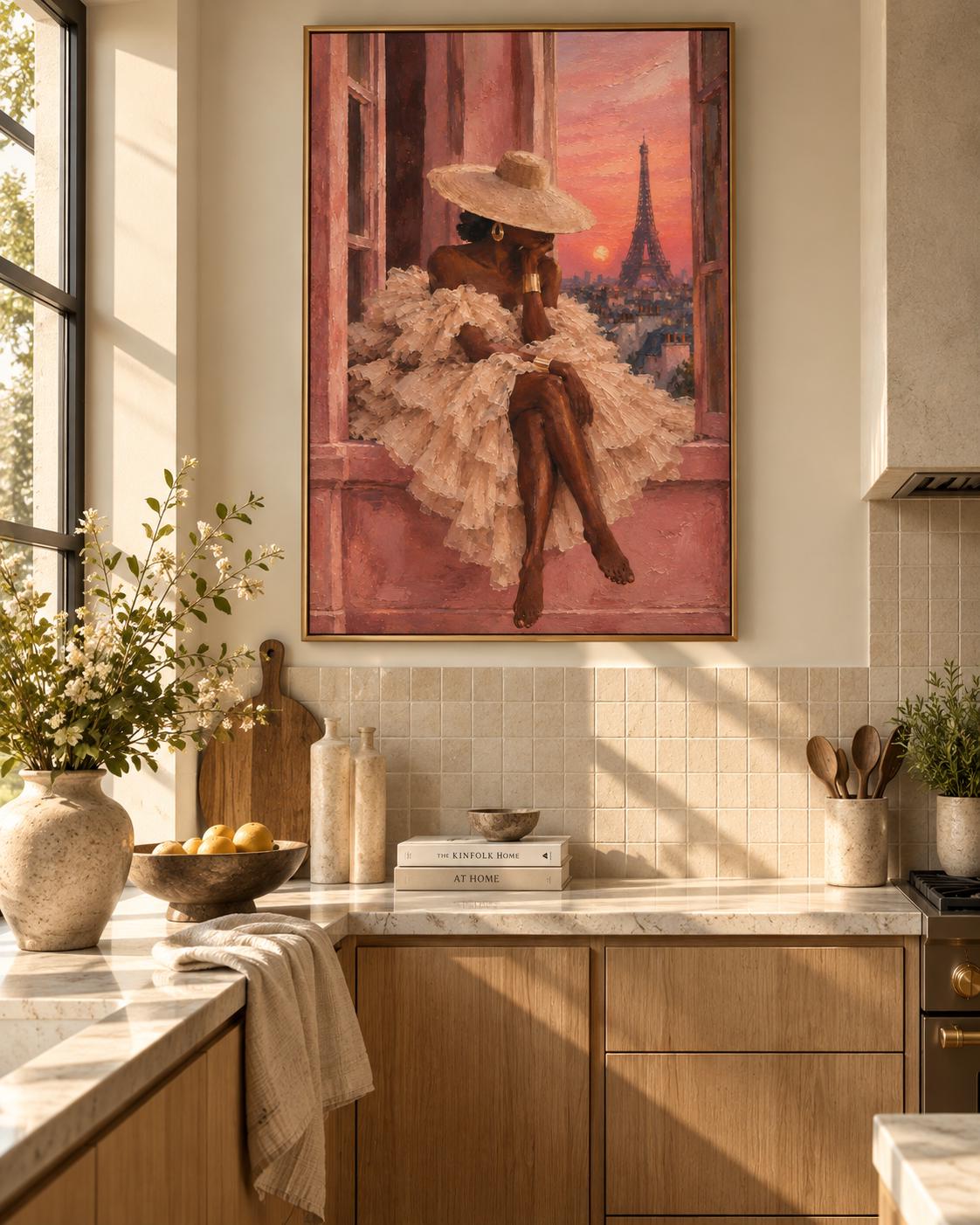 Black Woman Paris Wall Art, Afrocentric Fashion Print, Framed Canvas