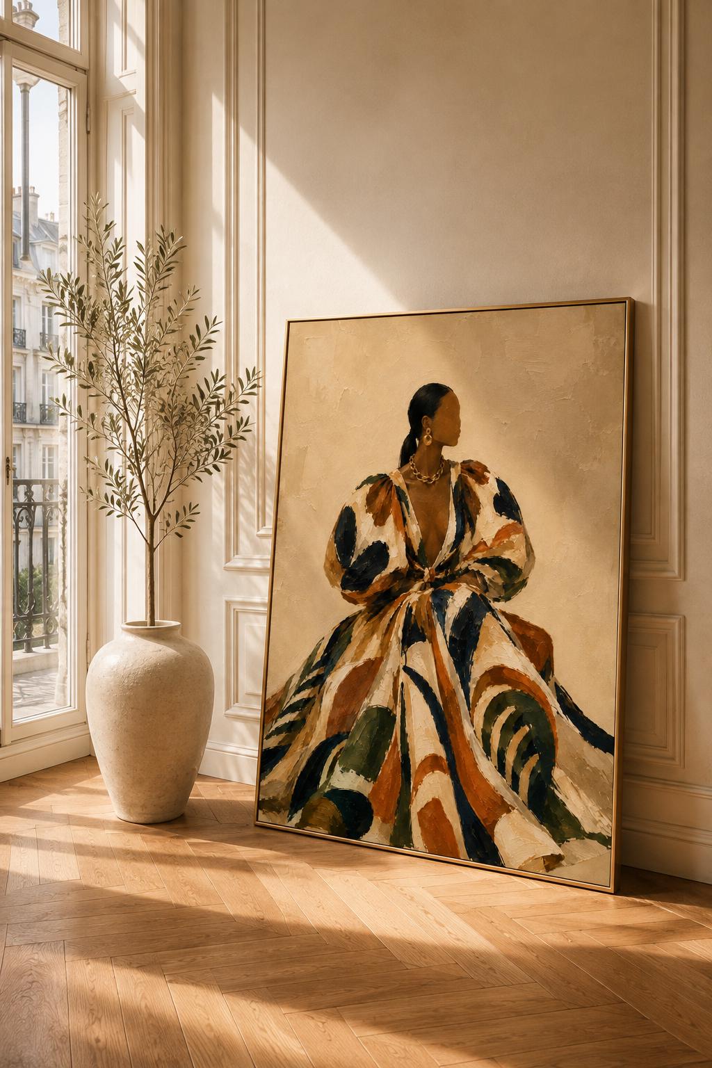 Black Woman Fashion Art Print, Elegant Feminine Wall Decor, Neutral Beige Artwork