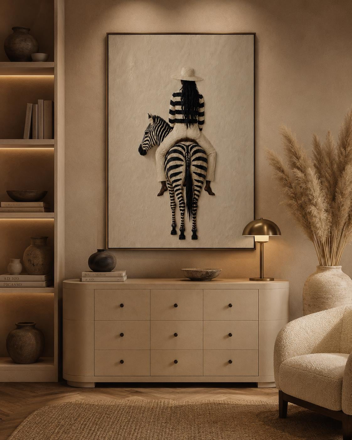 Zebra Rider Wall Art, Minimalist Safari Painting, Neutral Beige Decor, Contemporary Poster