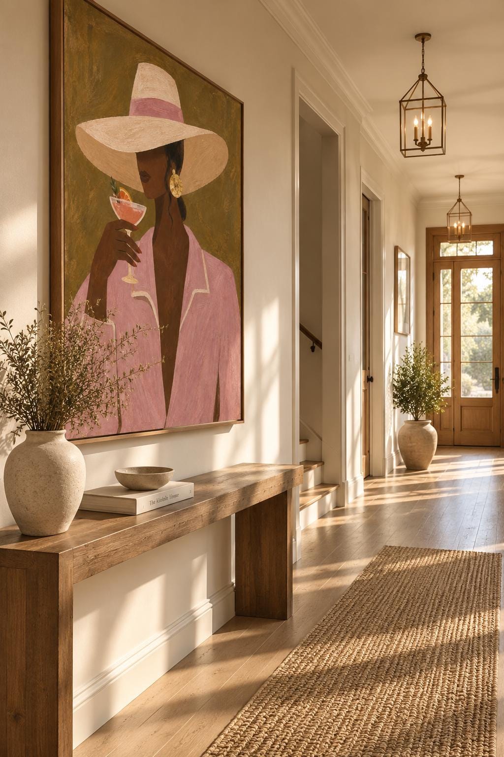 Black Woman Cocktail Art, Pink Blazer, Oversized Hat, Afrocentric Decor