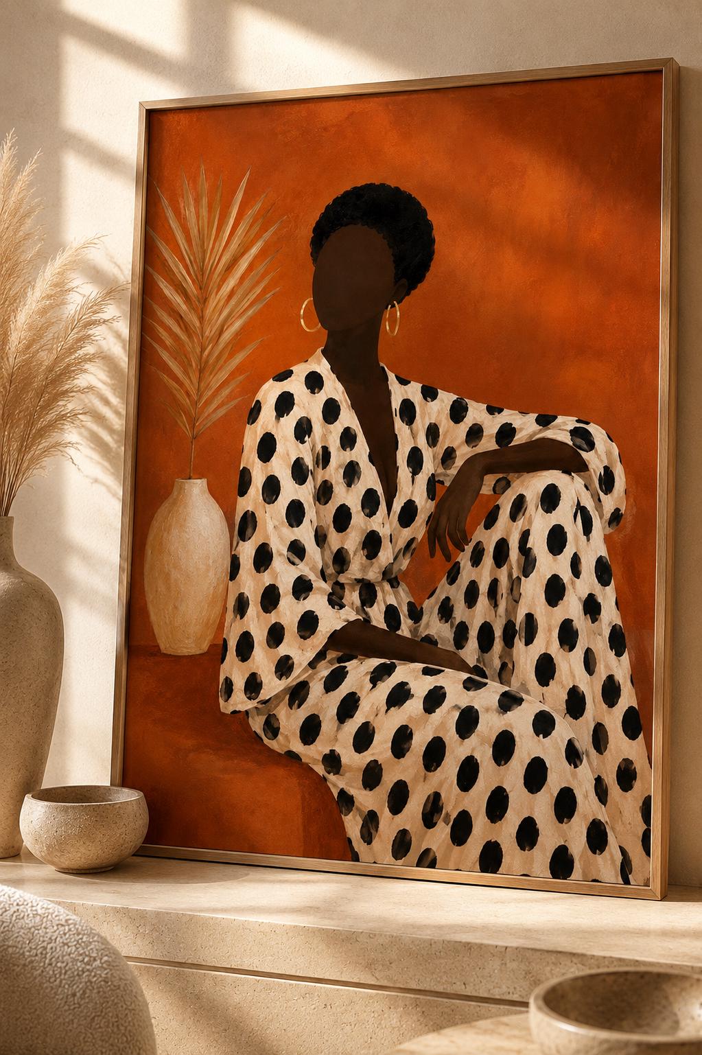 Abstract African Woman Print, Terracotta Polka Dot Boho Decor, Afrocentric Statement Poster