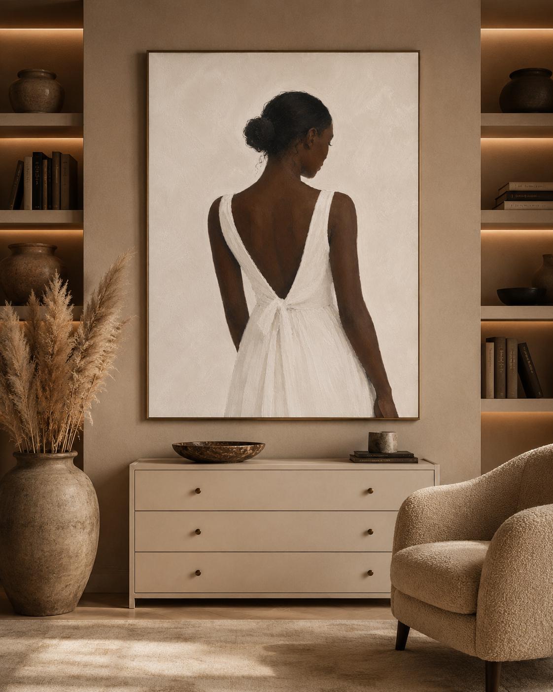 Minimalist Black Woman Portrait Print, Elegant White Dress Artwork, Neutral Wall Decor