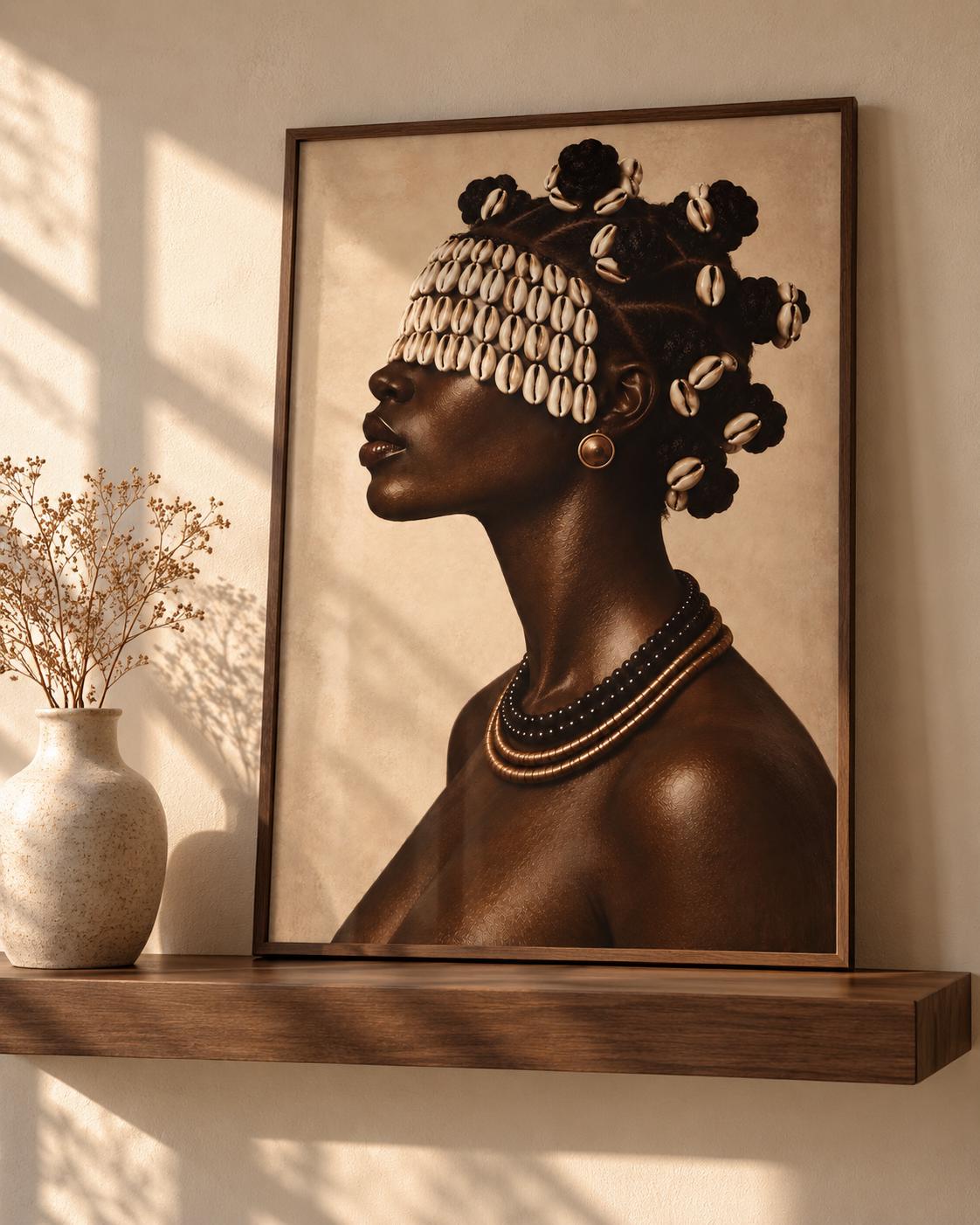 African Cowrie Shell Portrait, Black Woman Art, Neutral Home Decor