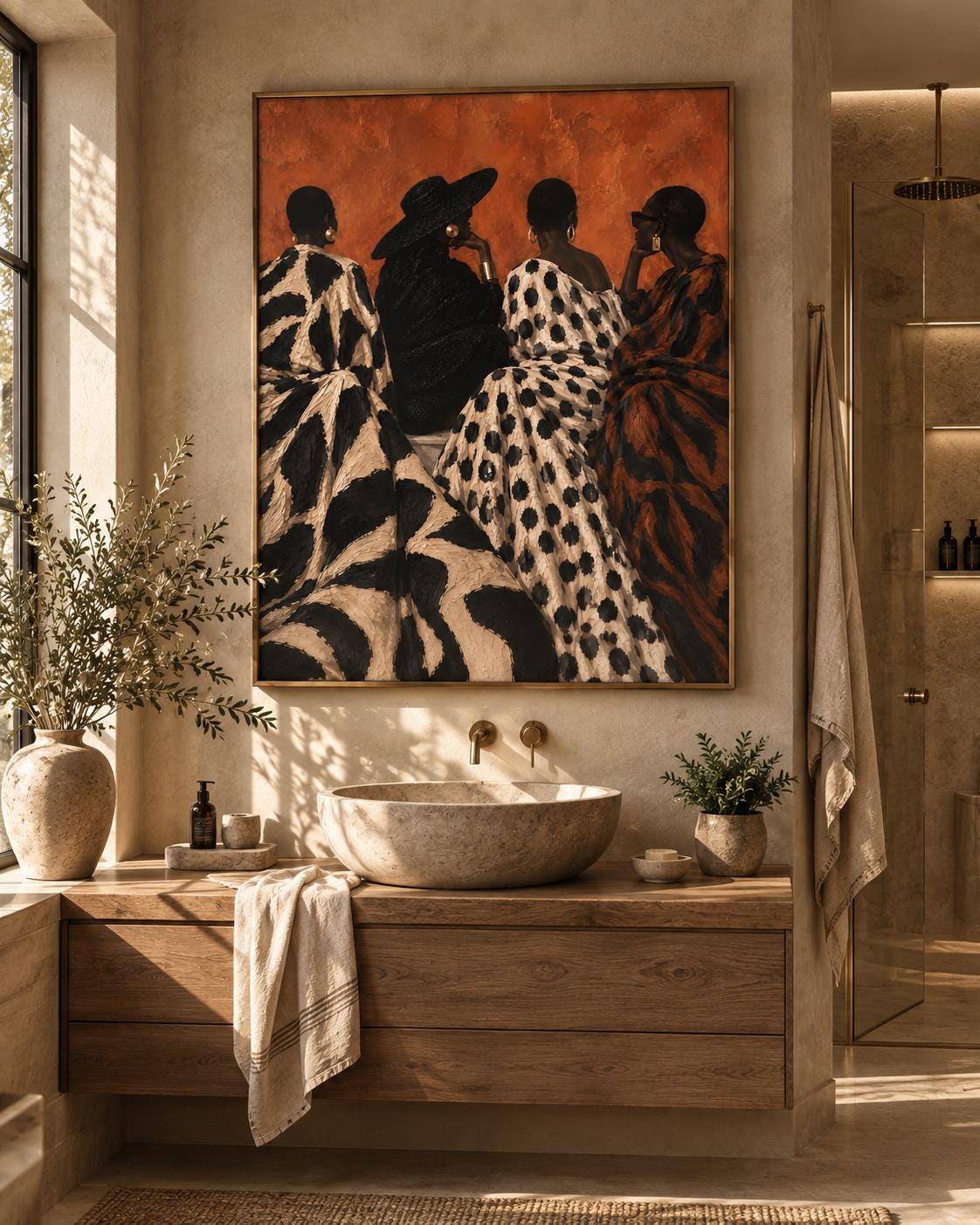 Black Women Fashion Art Print, Afrocentric Wall Art, Burnt Orange Background
