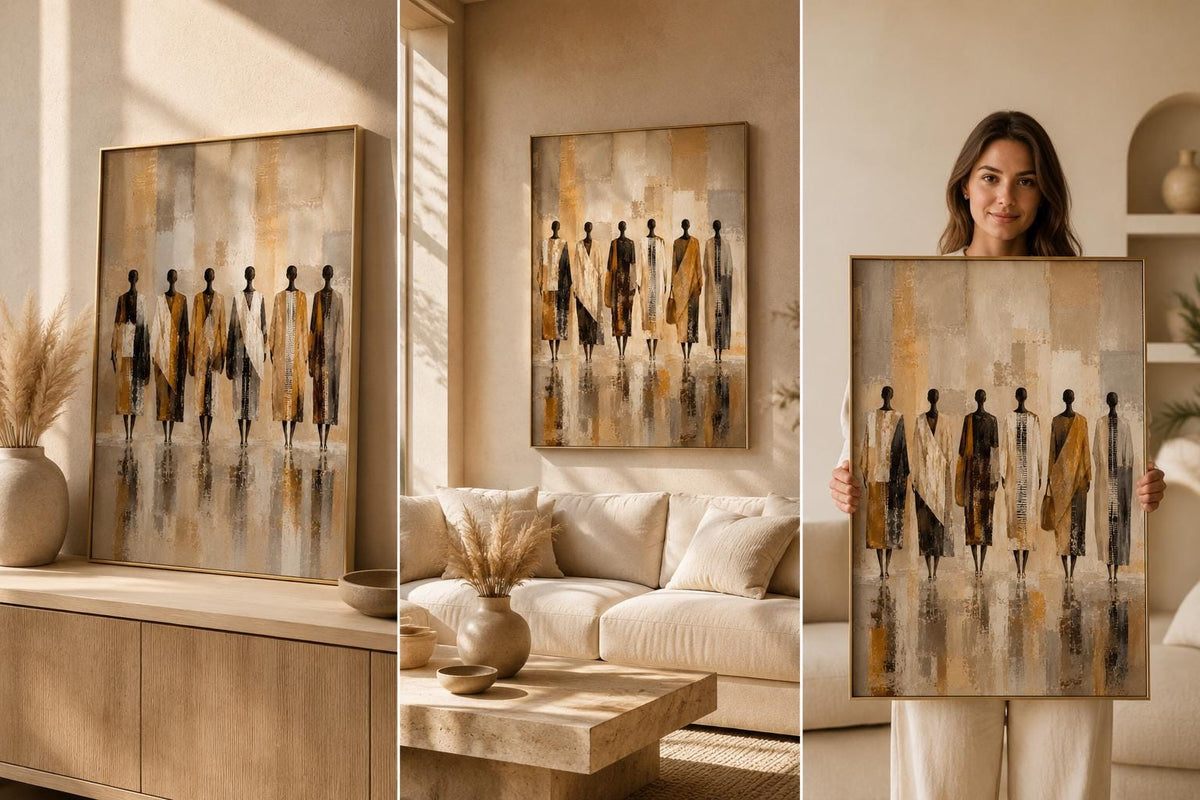 Abstract African Figures Wall Art, Neutral Beige Earth Tone Canvas Print