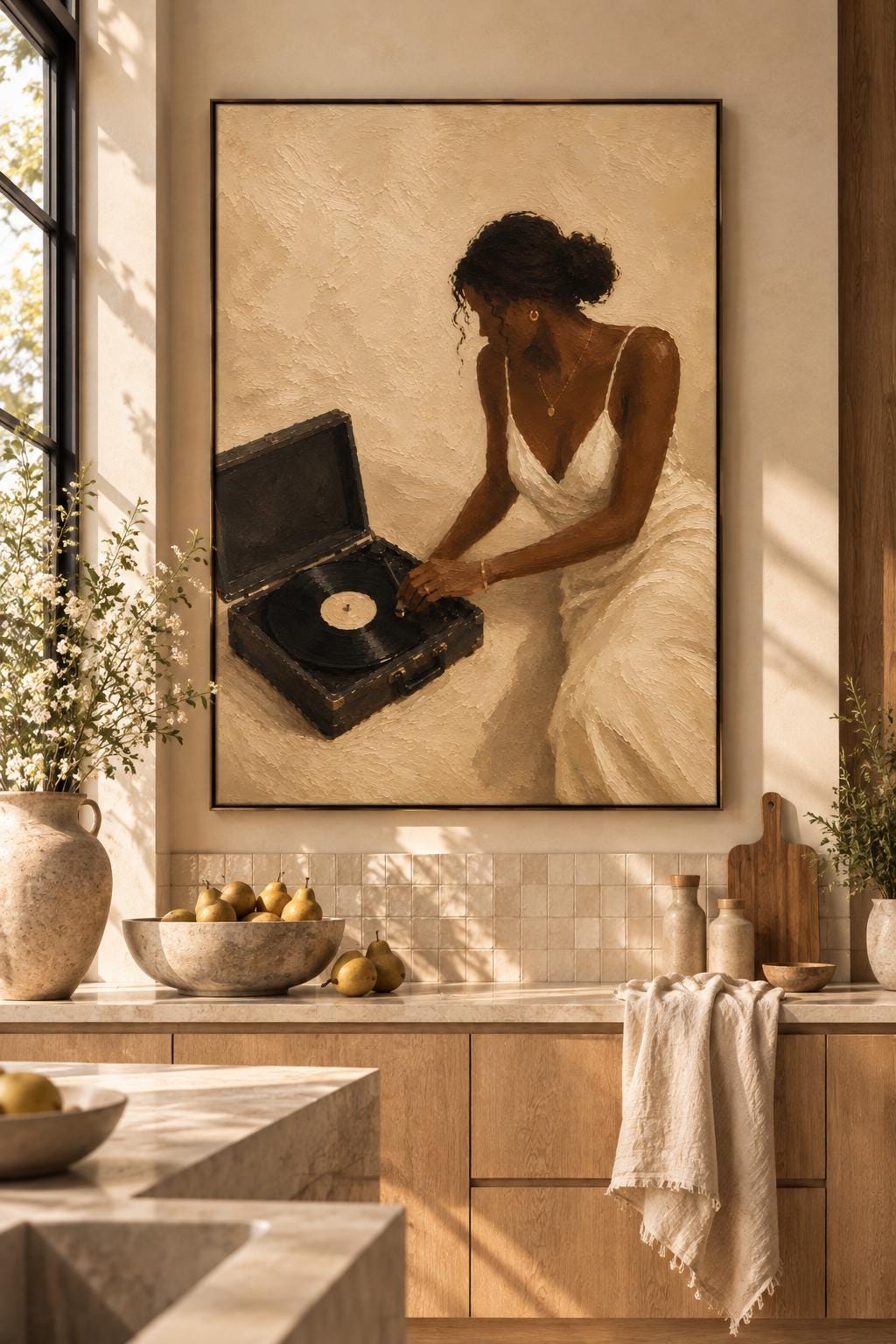 Black Woman Wall Art, Record Player Art Print, Music Lover Gift, Black Girl Wall Decor, Neutral Feminine Art