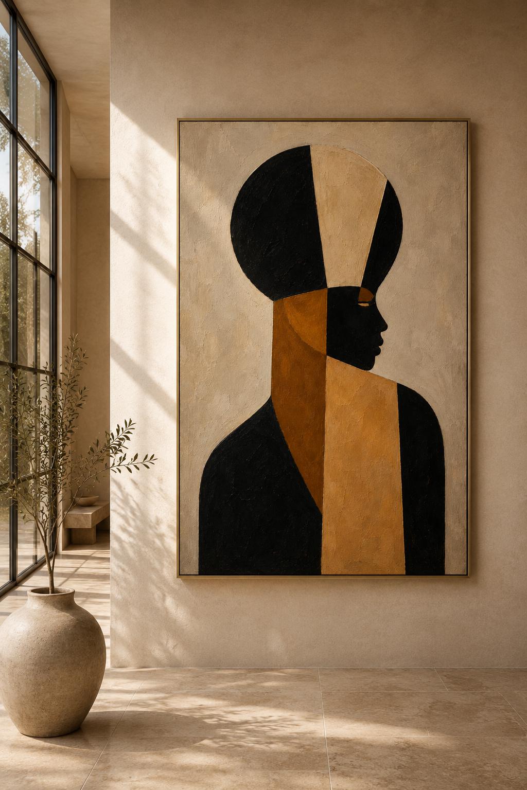 Abstract African Woman Portrait Print, Geometric Afrocentric Wall Art, Black Beige Artwork