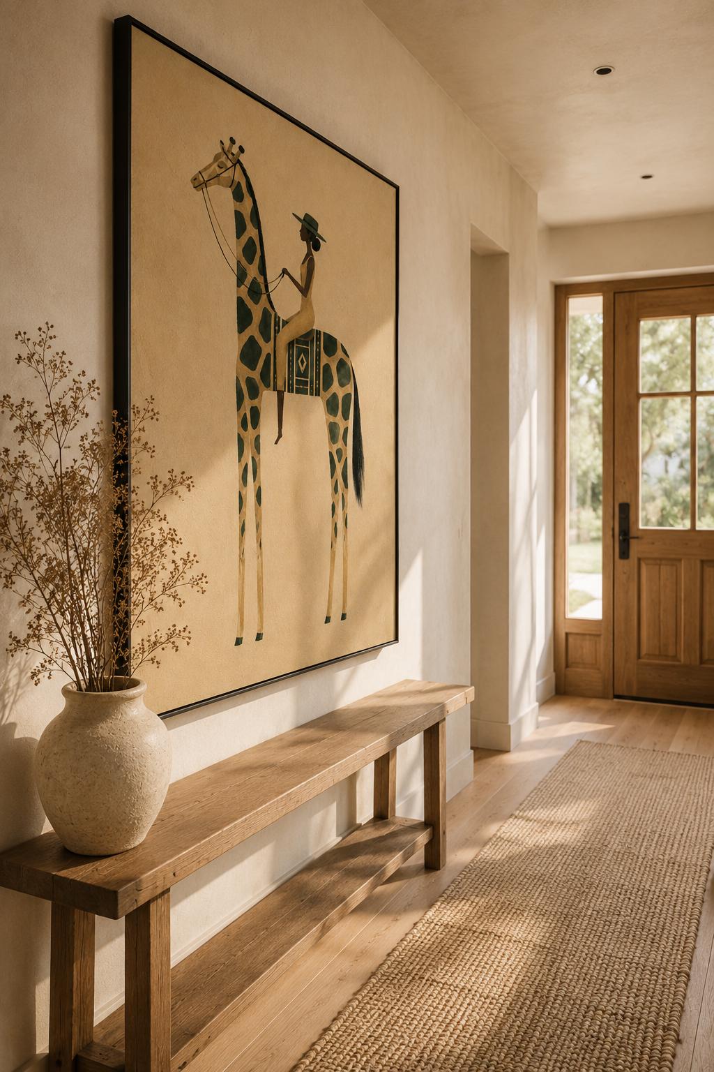 Afrocentric Giraffe Wall Art, Black Woman Riding Giraffe Print, Neutral Safari, Minimalist Home Decor