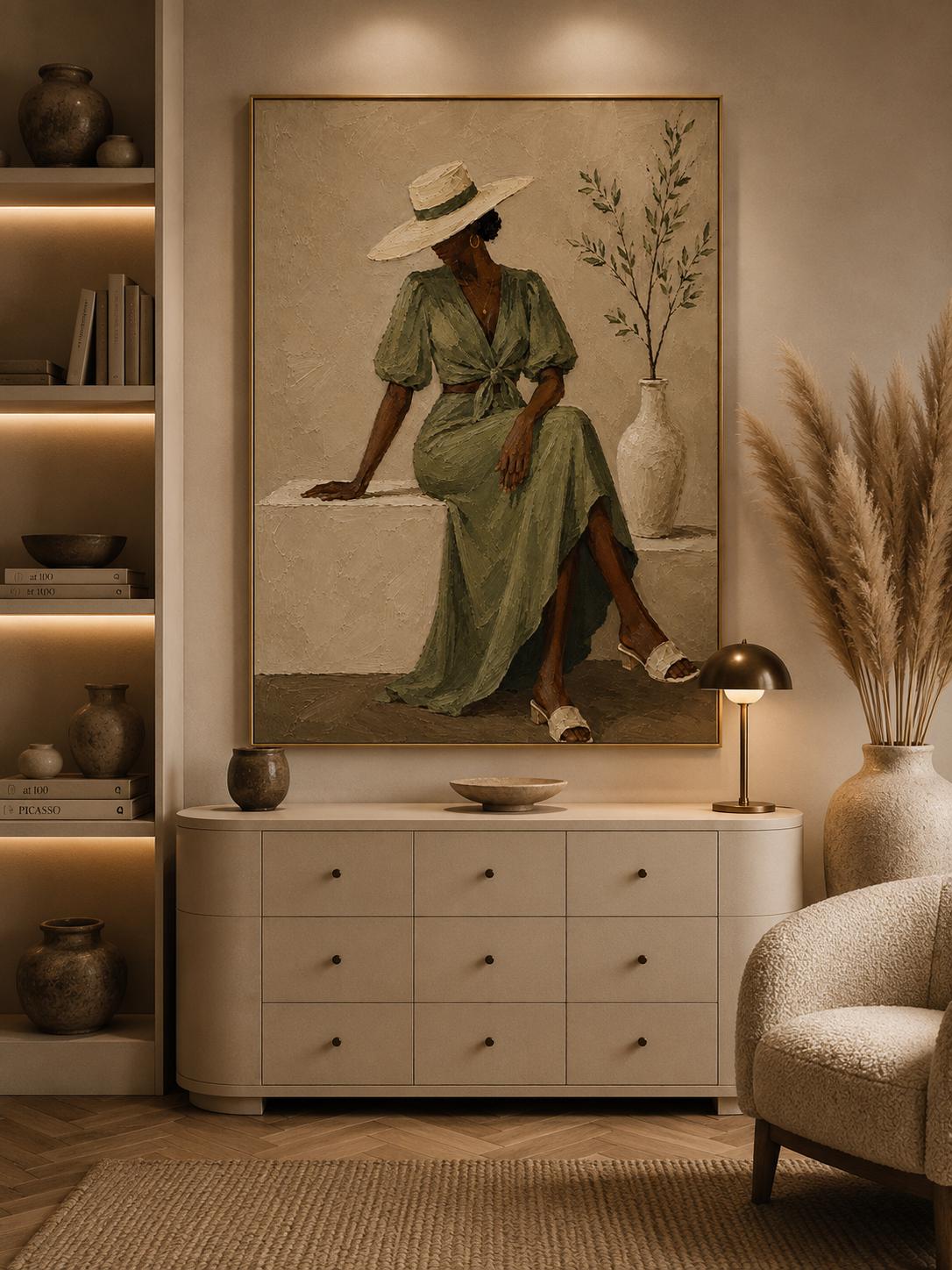 African Woman Portrait, Sage Green Dress, Boho Neutral Wall Art Print