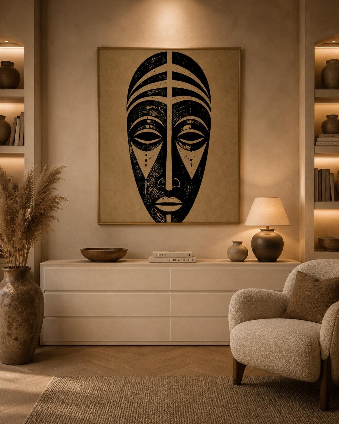 African Tribal Mask Wall Art Print, Minimalist Afrocentric Decor Poster