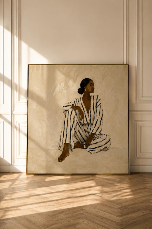 African Woman Striped Linen Art, Neutral Beige  Print, Modern Black Portrait Home Decor