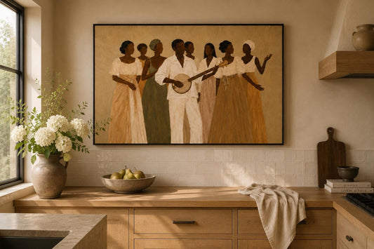 African Family Music Wall Art, Neutral Beige Painterly Print, Cultural Portrait Decor