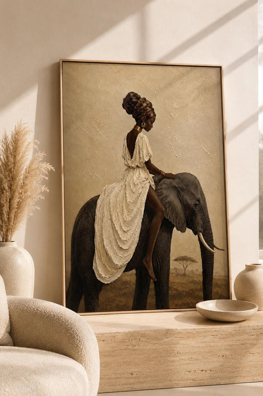 African Woman Elephant Safari Canvas Print, Afrocentric Melanin Beauty Artwork