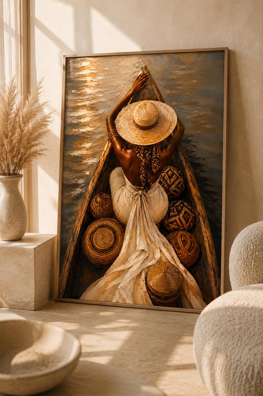 African Woman Boat Print, Afrocentric Coastal Wall Art, Melanin Beauty