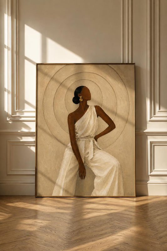Elegant Black Woman Art Print, Afrocentric Minimalist Beige Wall Decor