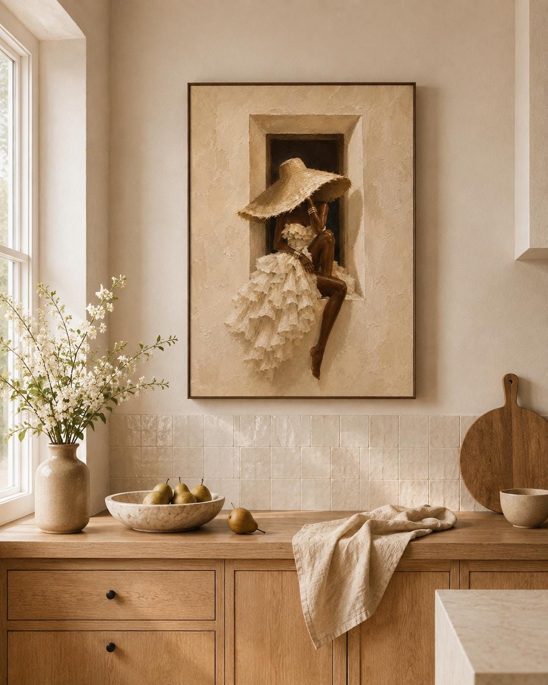 Elegant Black Woman Wall Art Print, Neutral Afrocentric Fashion Poster
