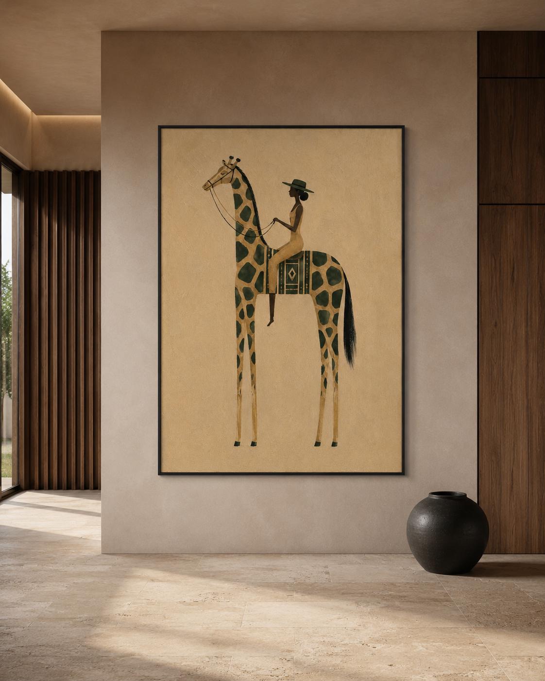 Afrocentric Giraffe Wall Art, Black Woman Riding Giraffe Print, Neutral Safari, Minimalist Home Decor