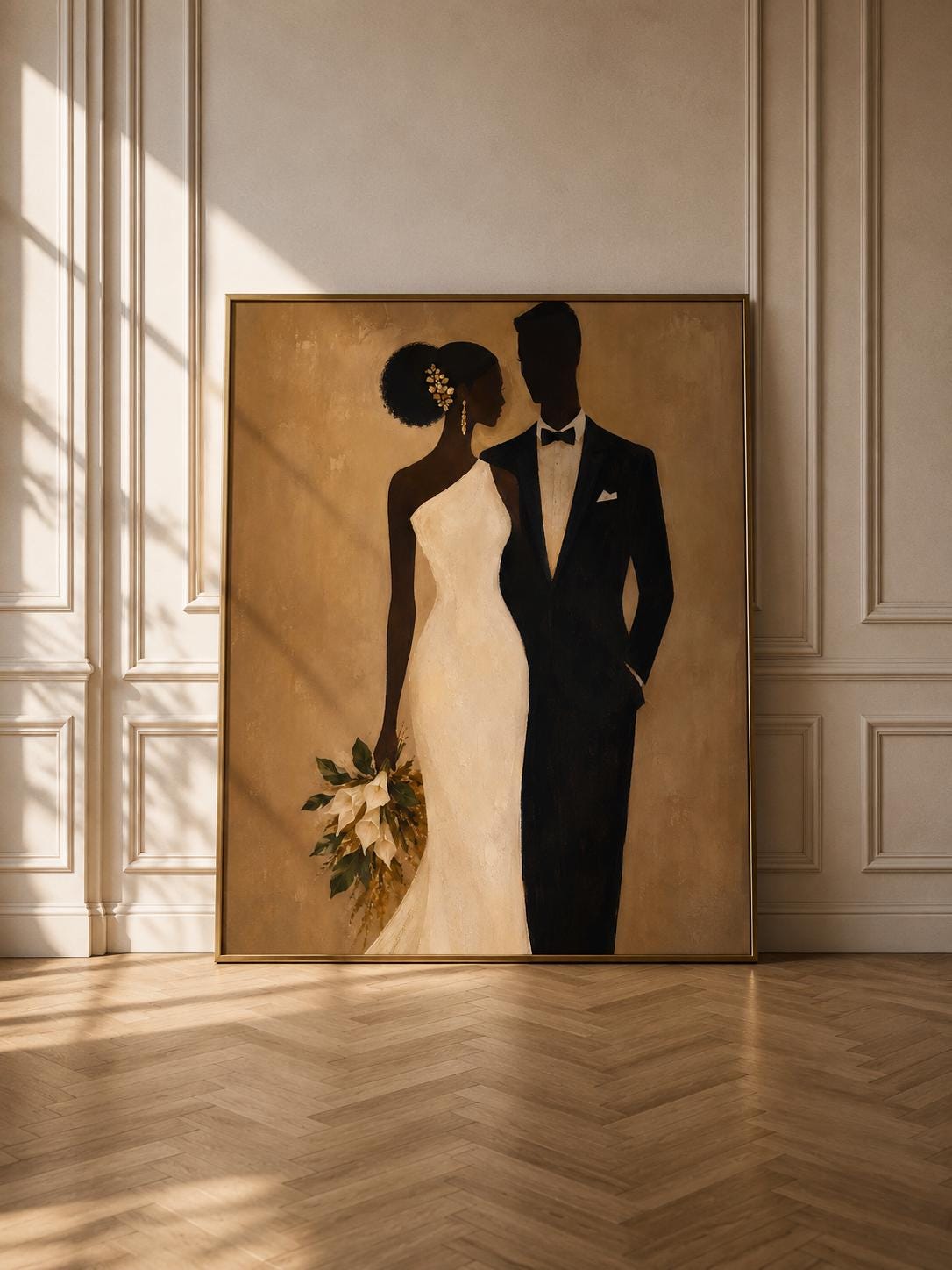 Afrocentric Wedding Couple Art, Elegant Black Bride Groom Print, Modern Neutral Decor