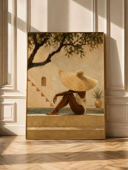 Black Woman Poolside Art Print, Mediterranean Coastal Painting, Afrocentric Summer Artwork