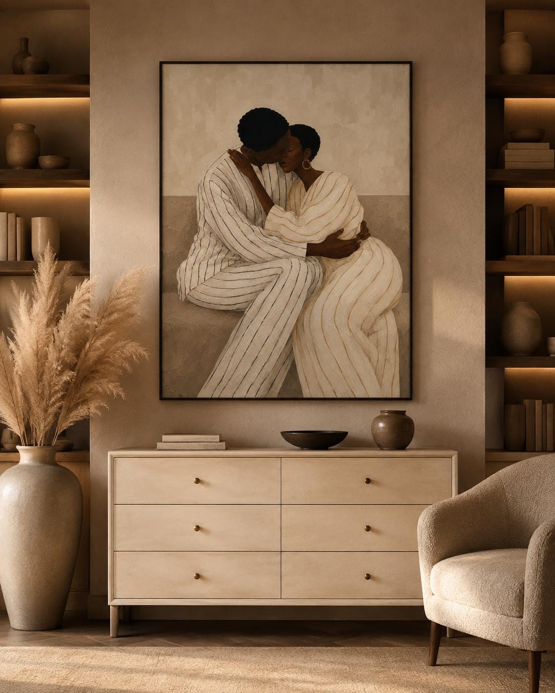 Afrocentric Couple Wall Art, Romantic Black Love Print, Beige Modern Home Decor