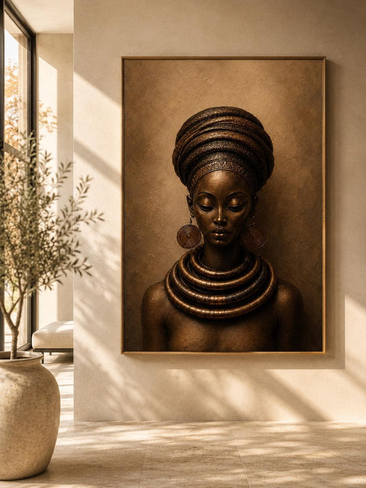 African Woman Portrait Print, Bronze Afrocentric Tribal Art, Luxury Neutral Wall Decor