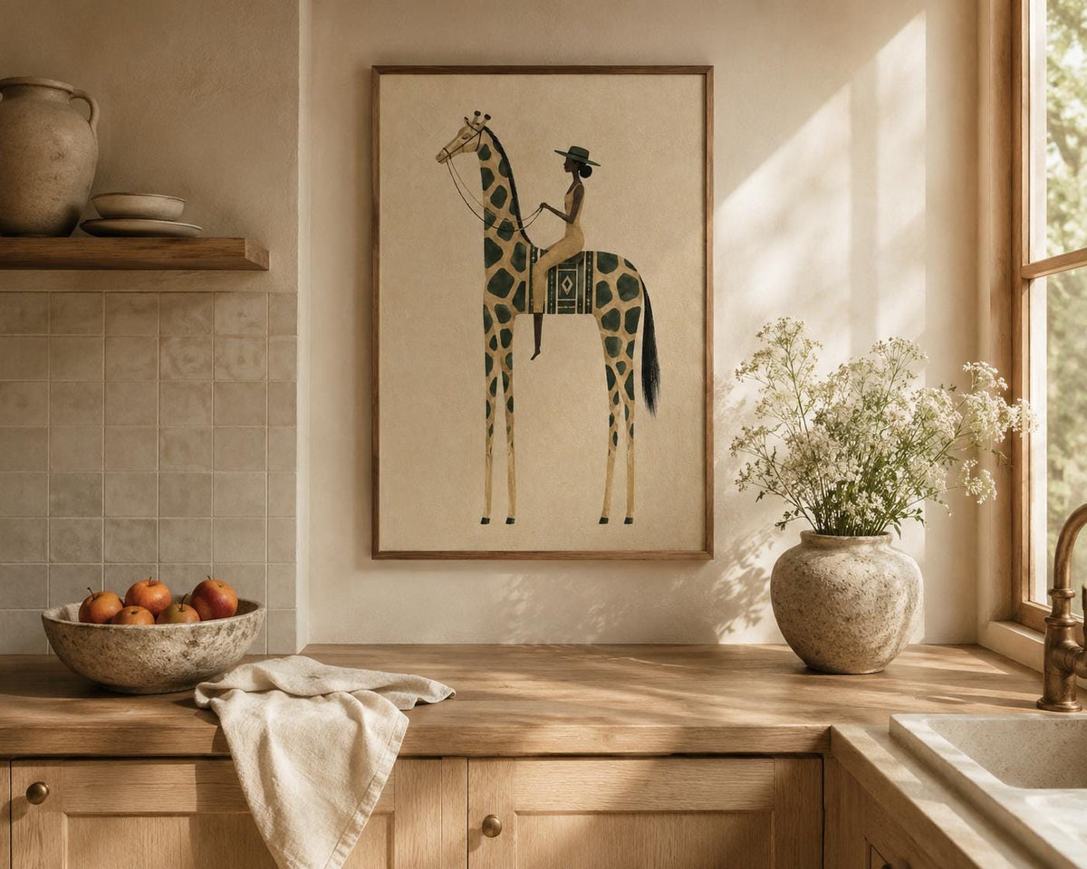 Afrocentric Giraffe Wall Art, Black Woman Riding Giraffe Print, Neutral Safari, Minimalist Home Decor