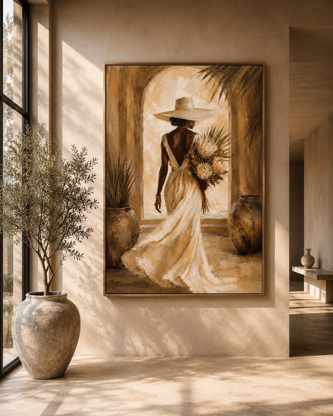 African Woman Wall Art Print | Neutral Boho Afrocentric Painting, Elegant Decor