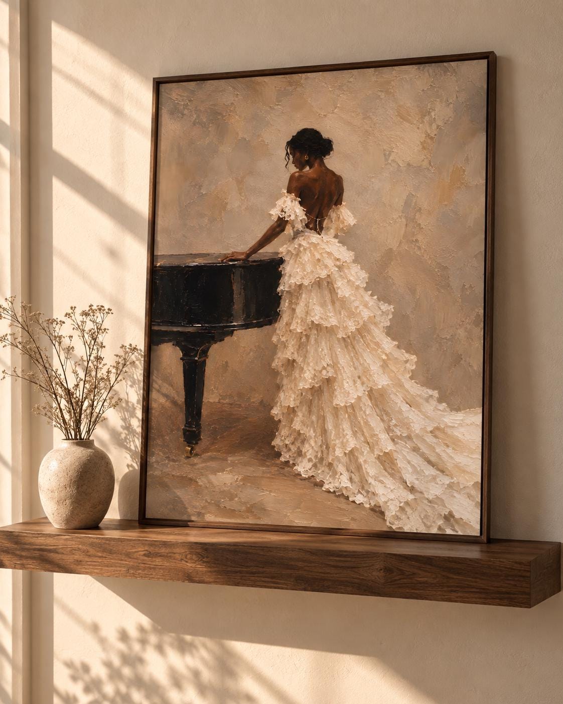 Elegant Black Woman Piano Portrait, Neutral Feminine Wall Art Print
