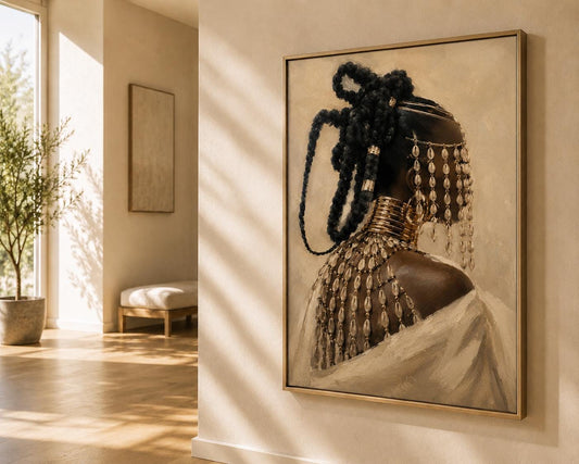 African Woman Portrait Print, Cowrie Shell Adornment, Neutral Beige Afrocentric Decor