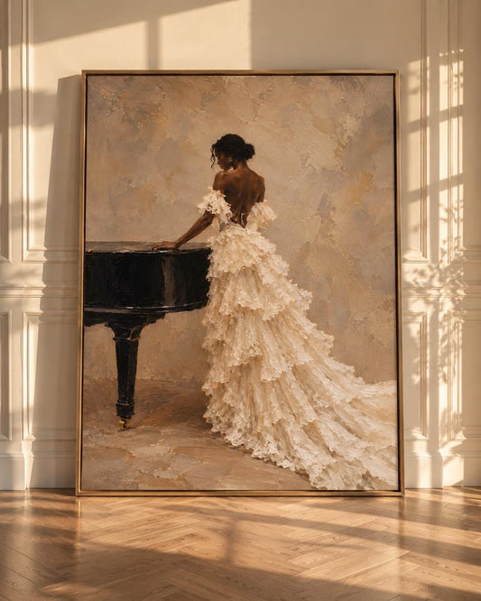 Elegant Black Woman Piano Portrait, Neutral Feminine Wall Art Print
