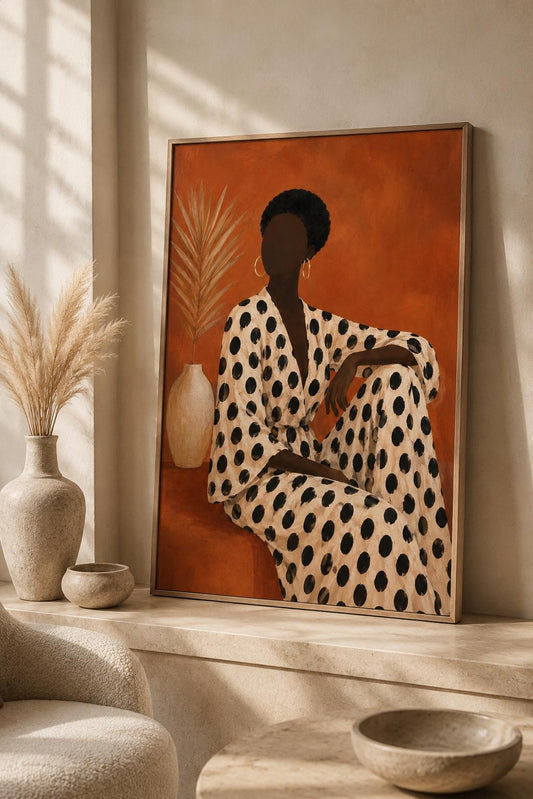 Abstract African Woman Print, Terracotta Polka Dot Boho Decor, Afrocentric Statement Poster