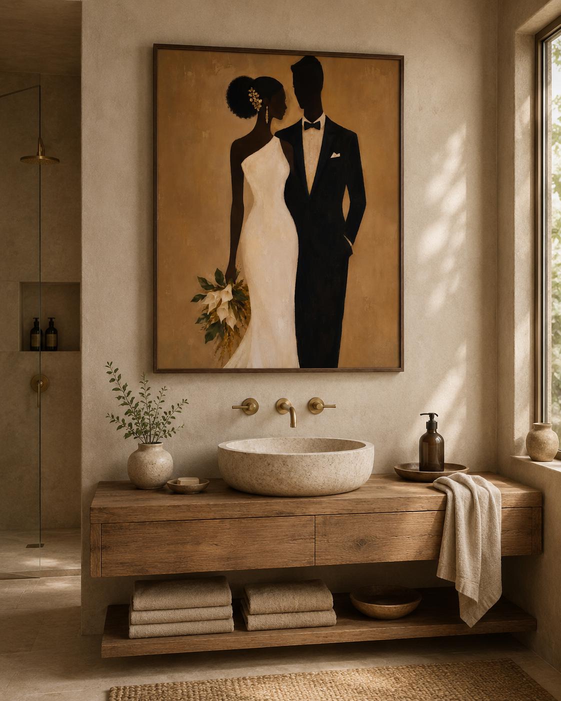 Afrocentric Wedding Couple Art, Elegant Black Bride Groom Print, Modern Neutral Decor