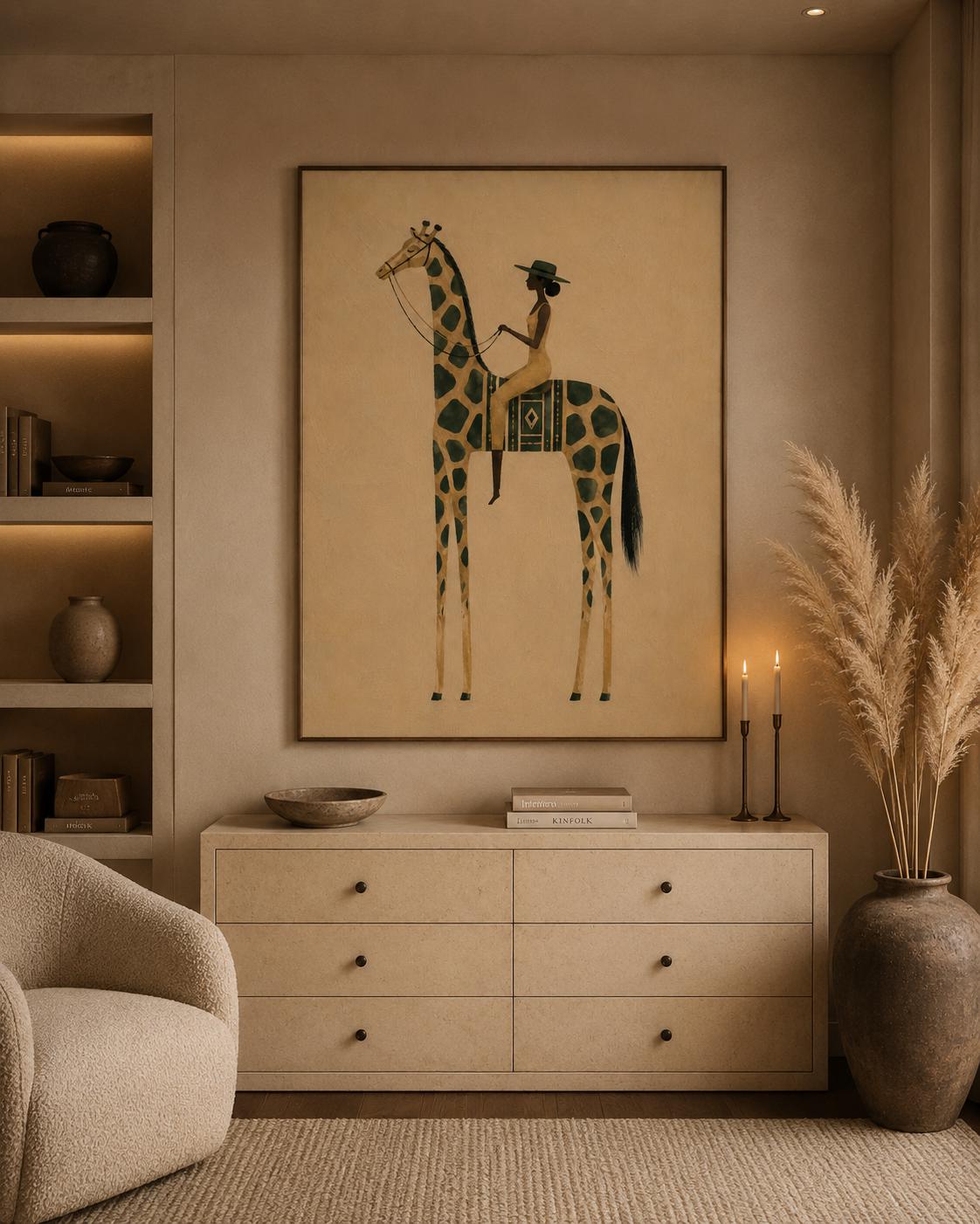 Afrocentric Giraffe Wall Art, Black Woman Riding Giraffe Print, Neutral Safari, Minimalist Home Decor