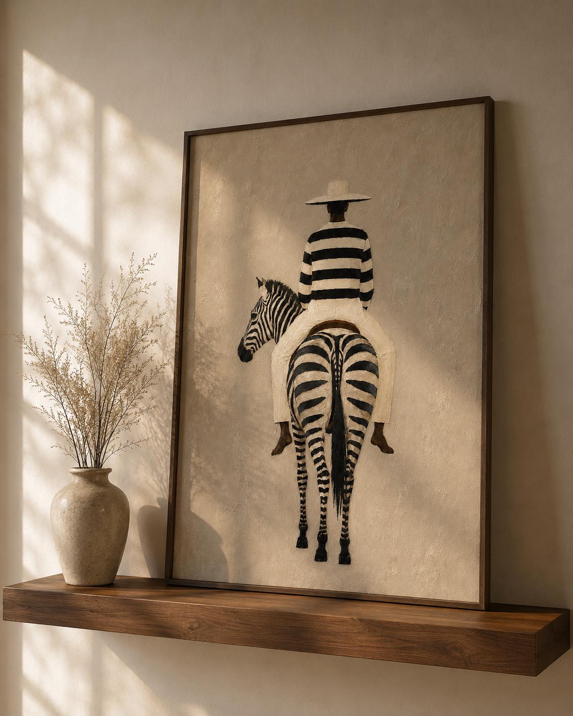 Afrocentric Zebra Art Print, Black Woman Riding Zebra, Neutral Safari  Artwork