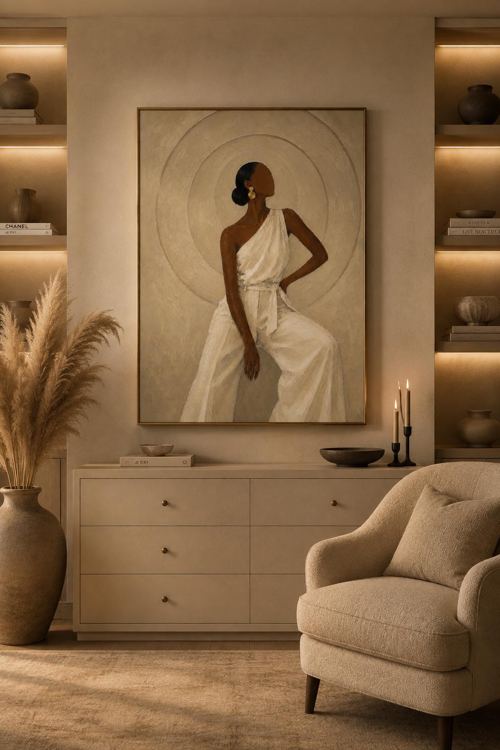 Elegant Black Woman Art Print, Afrocentric Minimalist Beige Wall Decor