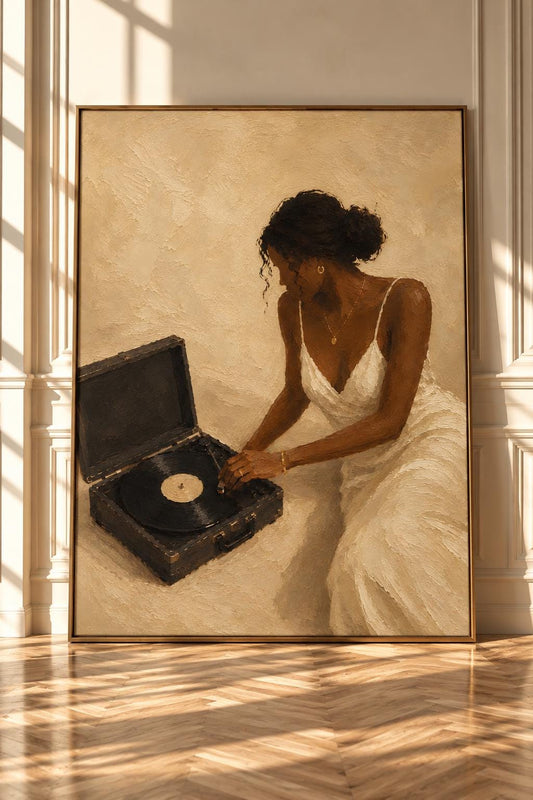 Black Woman Wall Art, Record Player Art Print, Music Lover Gift, Black Girl Wall Decor, Neutral Feminine Art