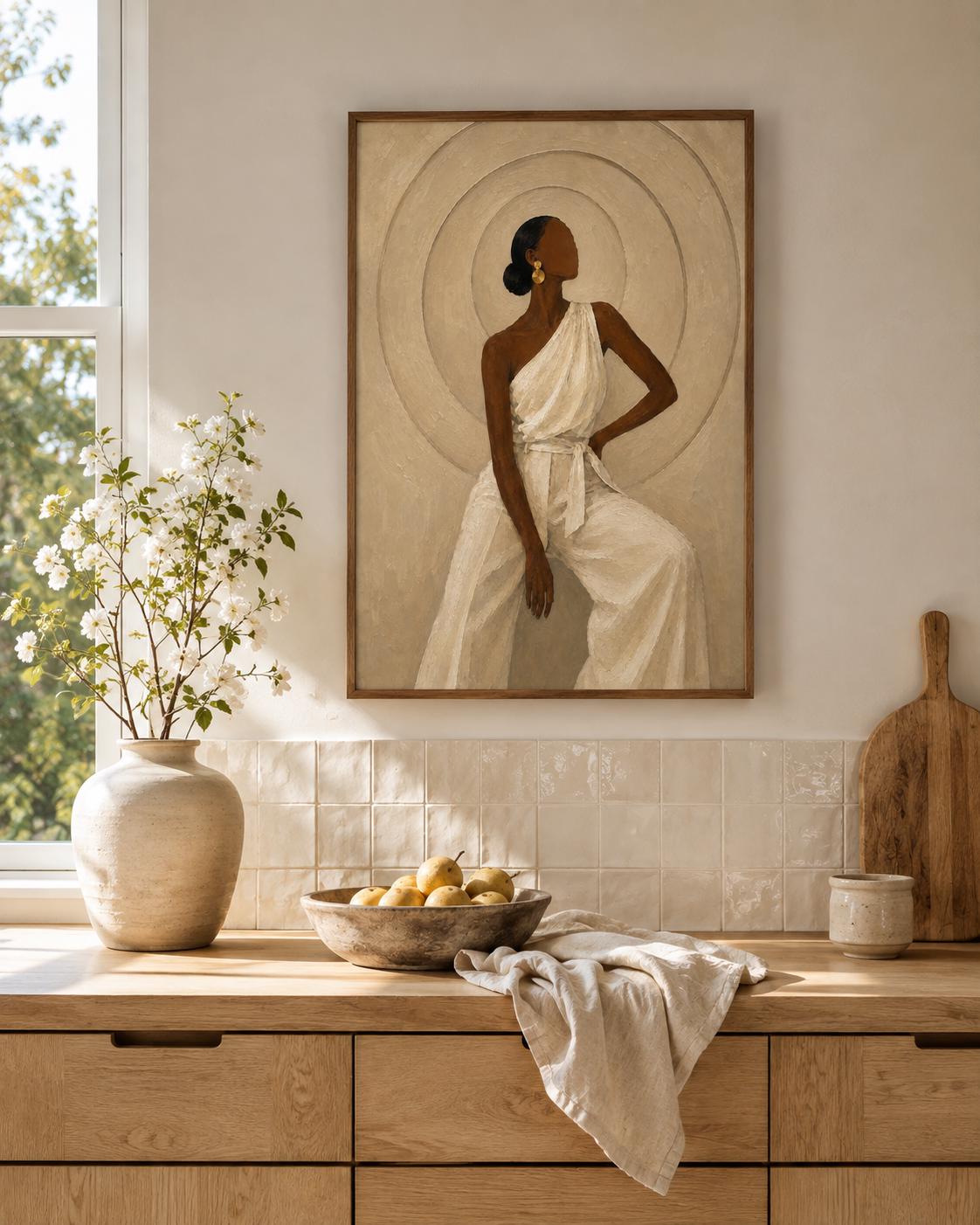 Elegant Black Woman Art Print, Afrocentric Minimalist Beige Wall Decor