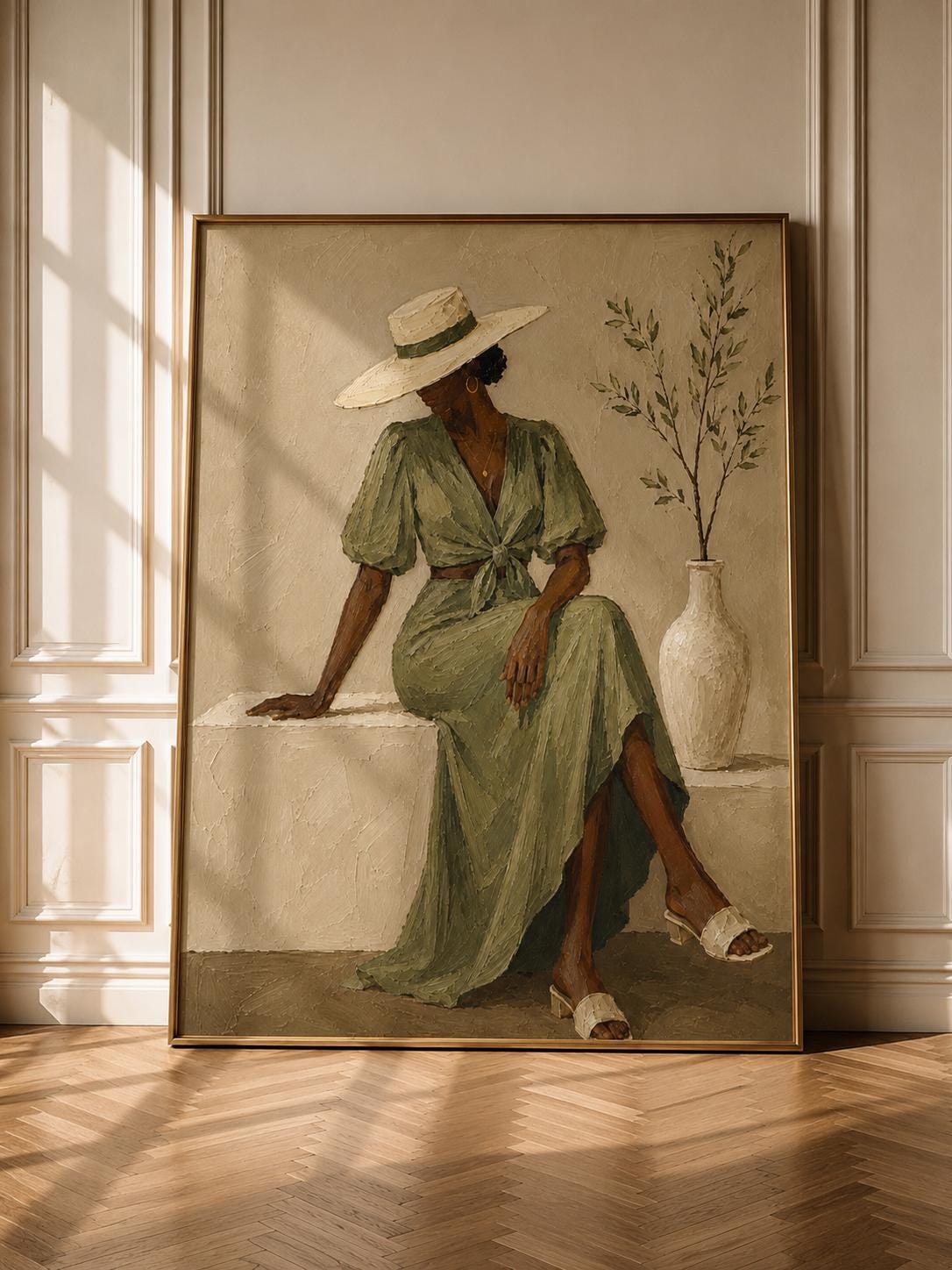 African Woman Portrait, Sage Green Dress, Boho Neutral Wall Art Print