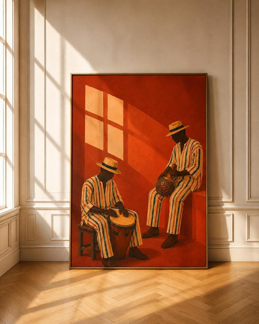 African Musicians Duo Print, Terracotta Cultural Art, Contemporary Ethnic Decor, Luxury Drum Poster