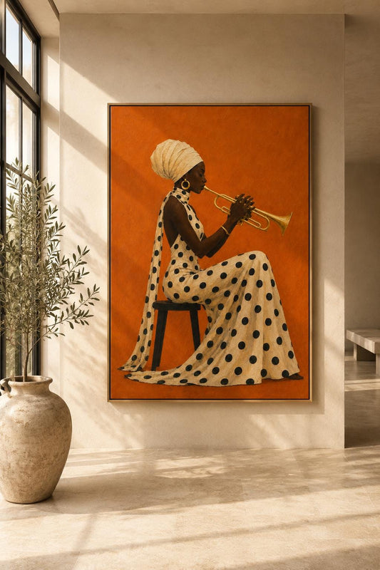 African American Trumpet Player Art Print – Jazz Musician, Polka Dot Dress, Terracotta Wall Art