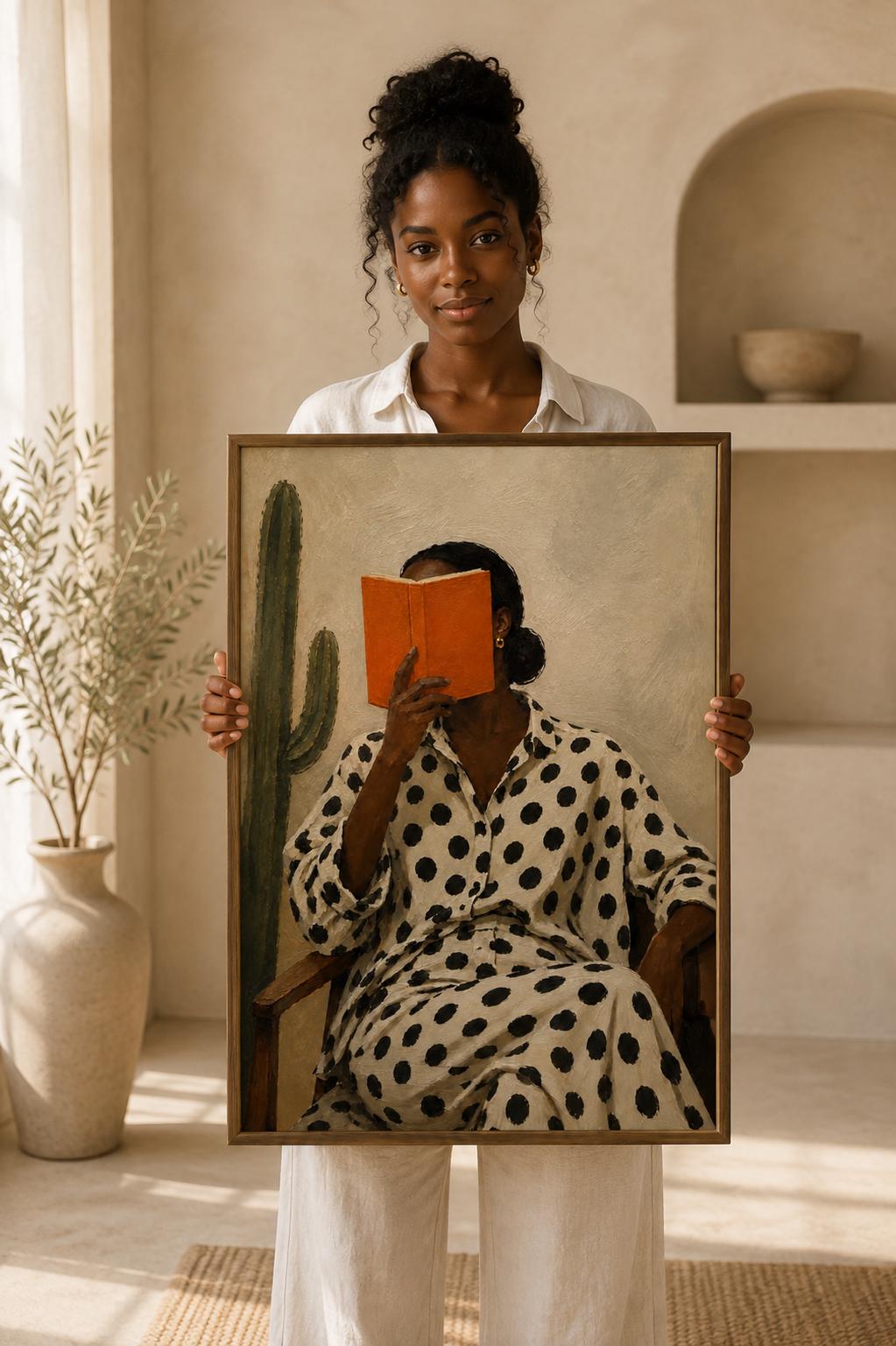 African Woman Reading Wall Art, Neutral Boho Home Decor Print