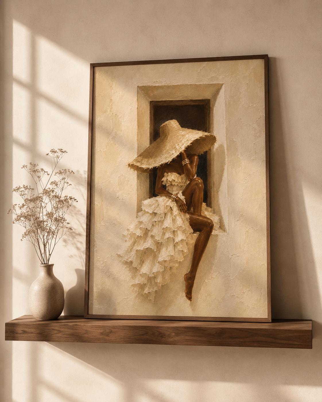 Elegant Black Woman Wall Art Print, Neutral Afrocentric Fashion Poster