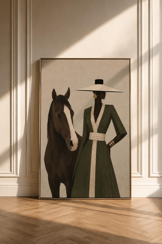 African Woman Horse Wall Art, Olive Green Fashion Portrait Print, Luxury Home Decor