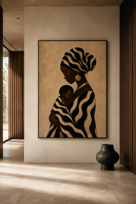 African Mother Child Wall Art, Neutral Beige Afrocentric Portrait, Modern Luxury Decor