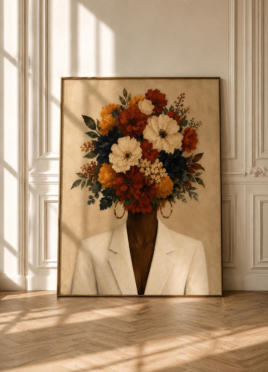 Afrocentric Floral Portrait Art, African Woman Flower Print, Botanical Neutral Decor