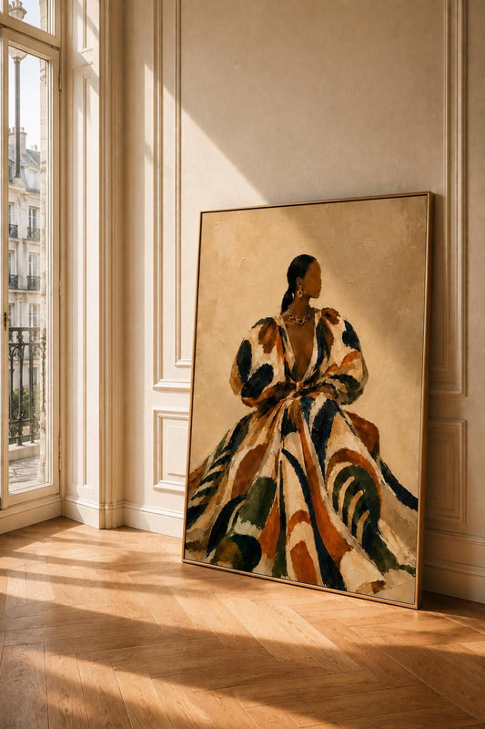 Black Woman Fashion Art Print, Elegant Feminine Wall Decor, Neutral Beige Artwork