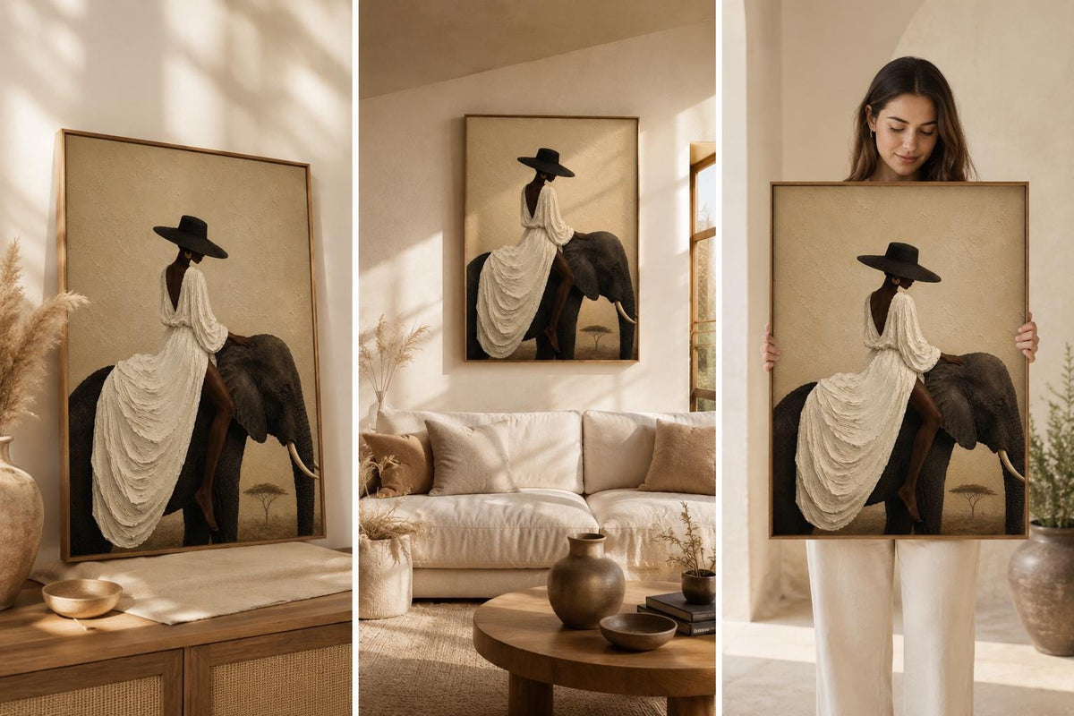 Afrocentric Woman Elephant Wall Art, Luxury Safari, Neutral Beige Melanin Beauty